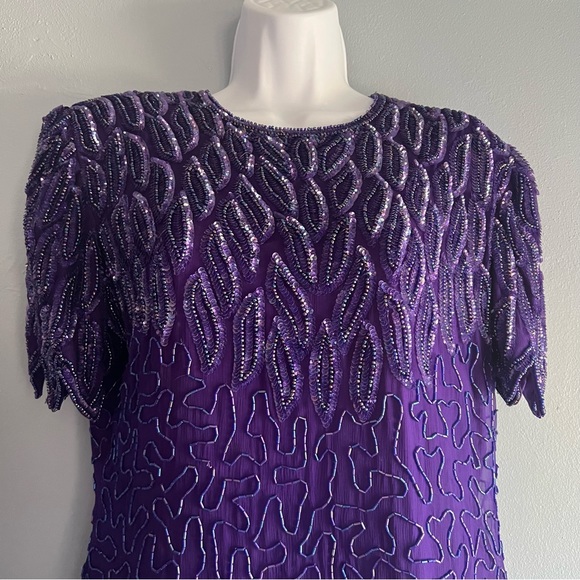 Laurence Kazar Vintage Sequin and Beaded Dress Purple Petite Large - Picture 3 of 7